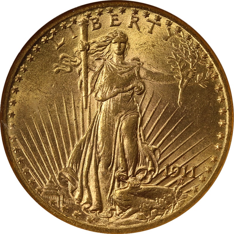 1911-D Saint-Gaudens $20 Gold NGC MS61: 1911-D Saint-Gaudens $20 Gold NGC MS61 This is an original 1911-D Saint-Gaudens Gold $20 coin, graded MS61 by NGC. The coin features attractive luster, a strong strike, and pleasing eye appeal with br