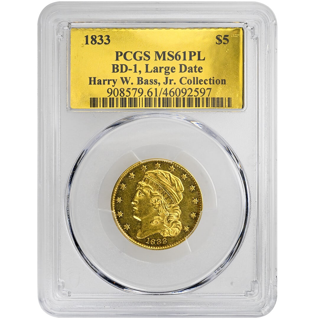 PCGS MS61PL 1833 $5 Gold Capped Bust Large Date Proof Like: PCGS MS61PL 1833 $5 Gold Capped Bust Large Date Proof Like This 1833 $5 Large Date Capped Bust gold coin is an extraordinarily rare piece, certified by PCGS as MS61PL (Proof-Like). Struck in Philadelp