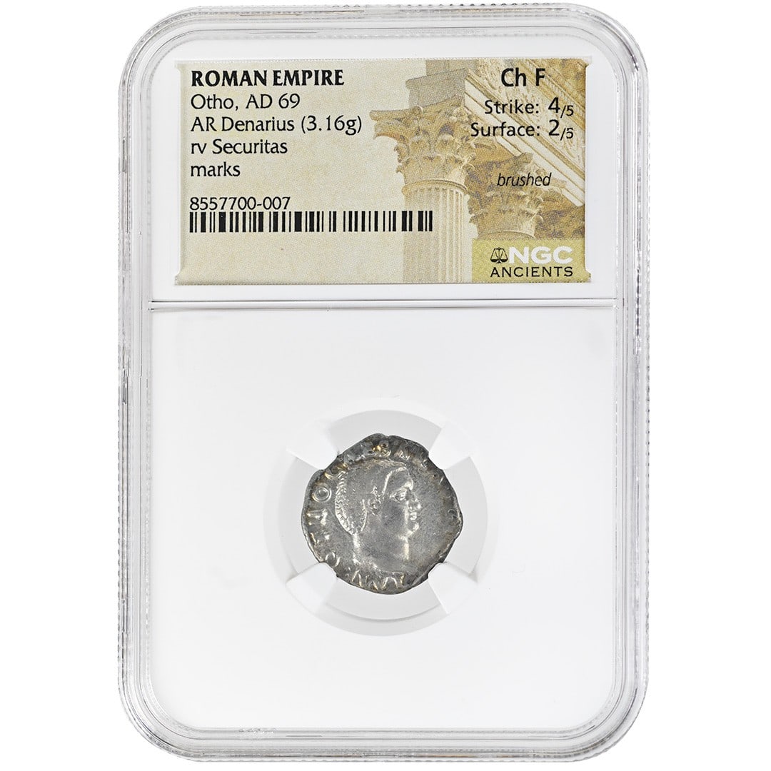 NGC Certified Otho Roman Silver Denarius 69 AD Ch F: NGC Certified Otho Roman Silver Denarius 69 AD Ch F This genuine ancient Roman silver Denarius was struck during the reign of Emperor Otho in 69 AD. The coin is composed of silver and has been graded 