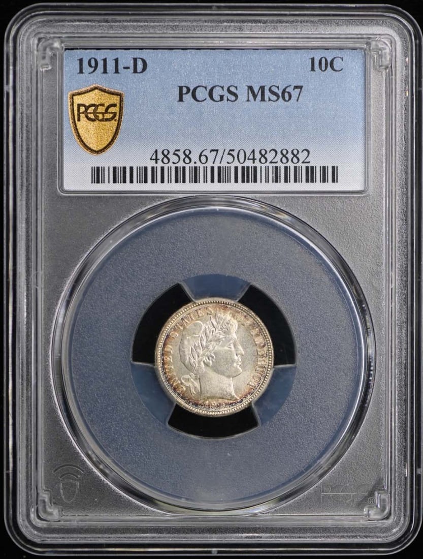 1911-D Barber Dime PCGS MS67 Uncirculated Denver Mint: 1911-D Barber Dime PCGS MS67 Uncirculated Denver Mint This 1911-D Barber Dime is a remarkable piece of numismatic history, professionally certified by PCGS with a stunning grade of MS67. Struck at the