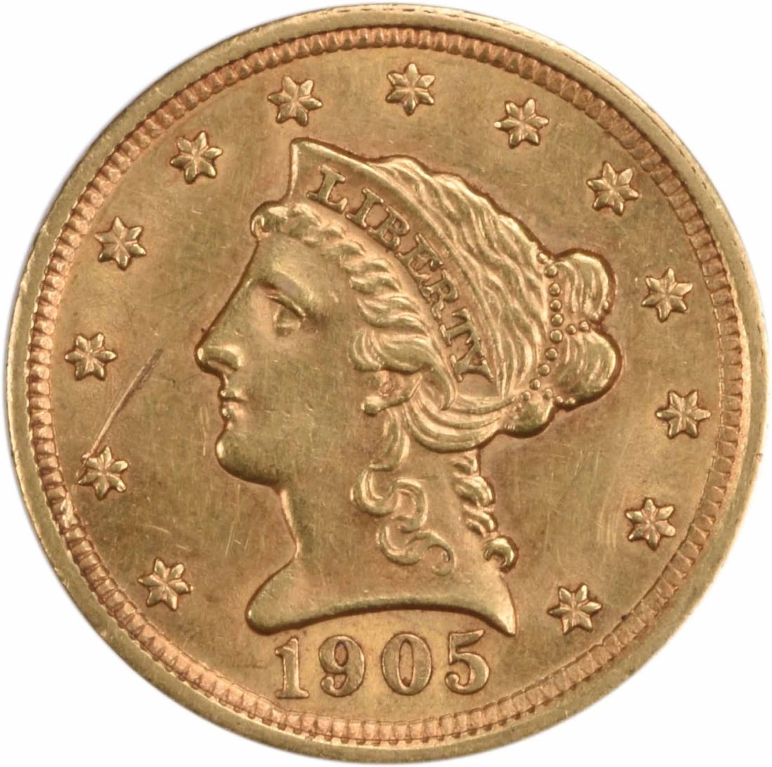 1905 Liberty Head $2.50 Gold Coin AU Grade Uncertified Philadelphia Mint: 1905 Liberty Head $2.50 Gold Coin AU Grade Uncertified Philadelphia Mint This 1905 $2.50 Gold Liberty Head coin is an AU (About Uncirculated) slider, featuring the classic design by Christian Gobrecht