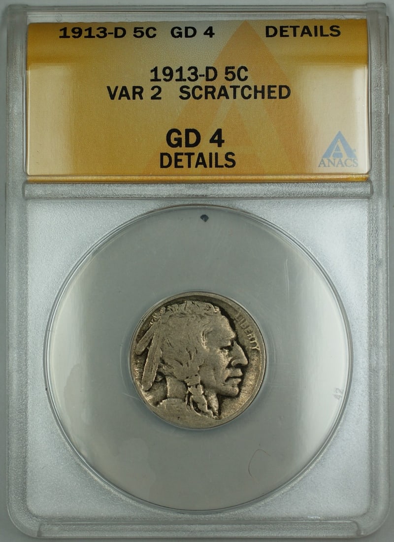 ANACS G4 1913-D Buffalo 5c Type 2 Nickel Scratched (1 of 2)