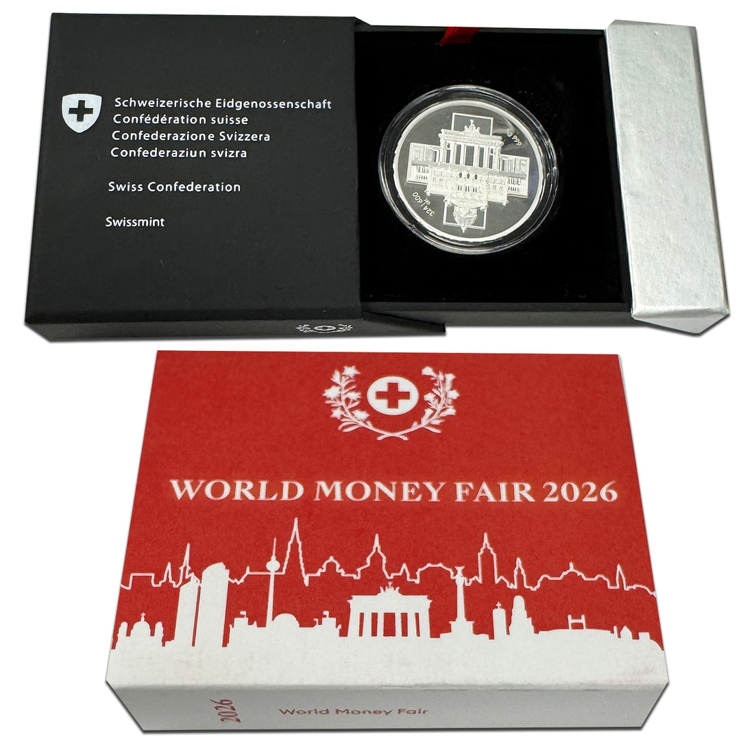 WMF 2026 Switzerland Silver High Relief Medal in Box: WMF 2026 Switzerland Silver High Relief Medal in Box High relief silver medal minted for the World Money Fair in Berlin 2026. The design features the Brandenburg Gate on the bottom and the Swiss Parli