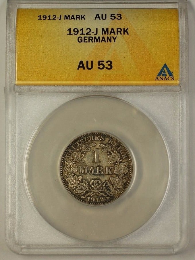 Germany 1912-J Silver Mark Coin ANACS AU-53: Germany 1912-J Silver Mark Coin ANACS AU-53 This 1912-J Germany One Mark silver coin is graded AU-53 by ANACS. It is a circulated coin from Germany, composed of silver and dated 1912. The coin is in p