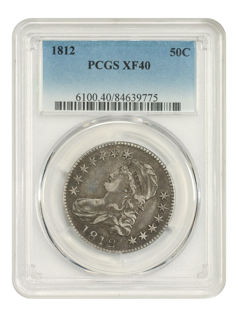 1812 Capped Bust Half Dollar 50C PCGS XF40: 1812 Capped Bust Half Dollar 50C PCGS XF40 An 1812 Capped Bust Half Dollar, denominated 50C and struck at the Philadelphia Mint. The coin is circulated and certified by PCGS with certification number 