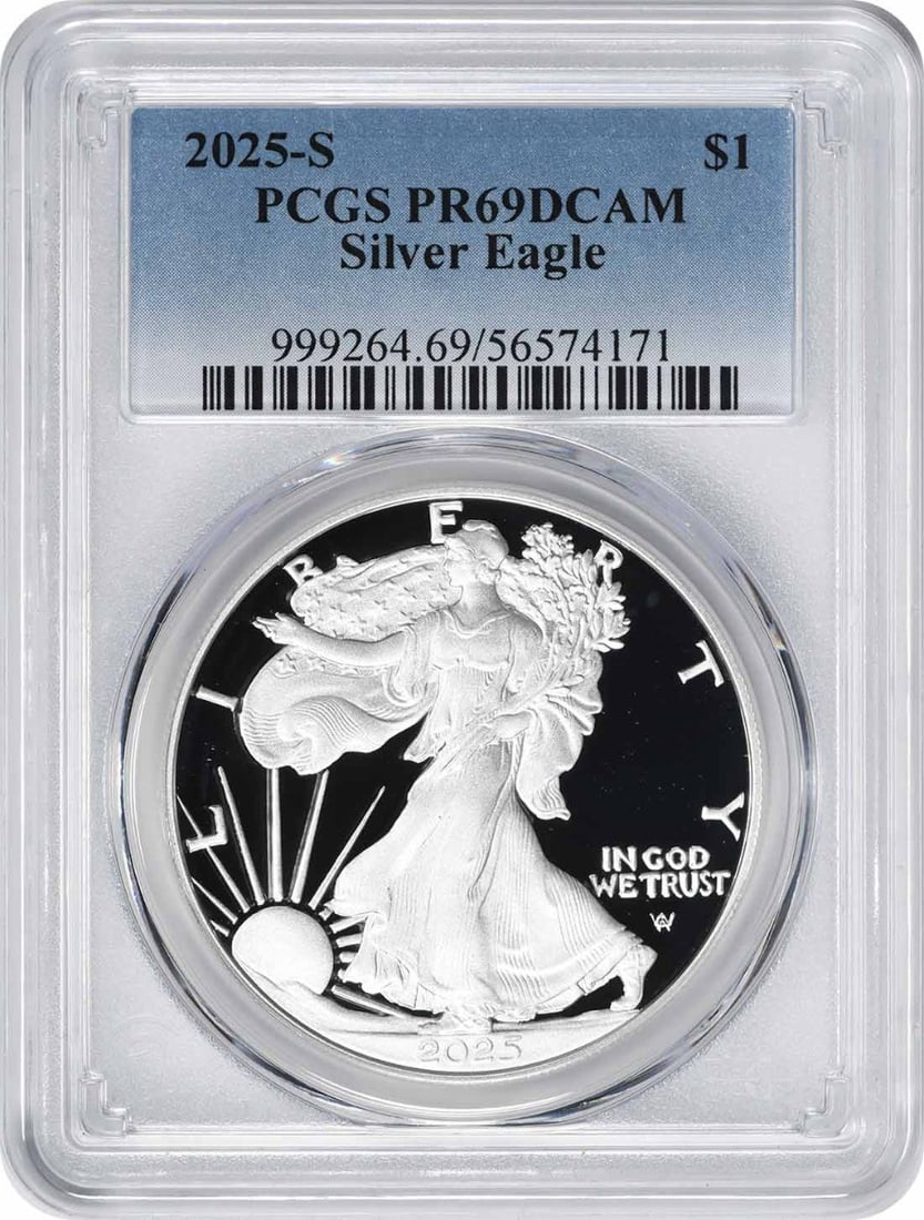 2025 S American Silver Eagle Proof PCGS PR69DCAM 1 oz Silver: 2025 S American Silver Eagle Proof PCGS PR69DCAM 1 oz Silver This is a 2025-S $1 American Silver Eagle proof coin graded PR69DCAM by PCGS. Struck at the San Francisco Mint, this coin contains 1 troy o