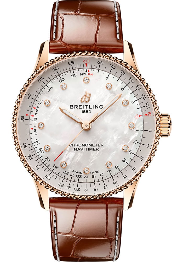 Navitimer Automatic MOP Dial R17327211A1P1 Leather Strap Watch with Card: Navitimer Automatic MOP Dial R17327211A1P1 Leather Strap Watch with Card This Breitling Navitimer Automatic features a mother-of-pearl dial, a rotating bezel, and is presented on a leather strap. The 