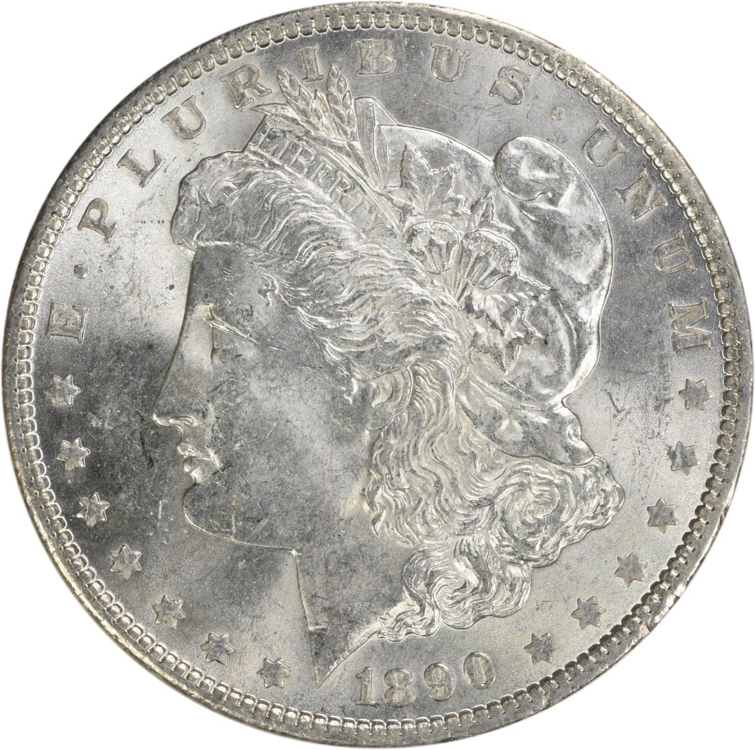 Uncirculated 1890 Silver Dollar Morgan Type Brilliant Uncertified No Mint Mark: Uncirculated 1890 Silver Dollar Morgan Type Brilliant Uncertified No Mint Mark This 1890 Morgan Silver Dollar is a Brilliant Uncirculated (BU) coin from the United States, composed of silver and featu