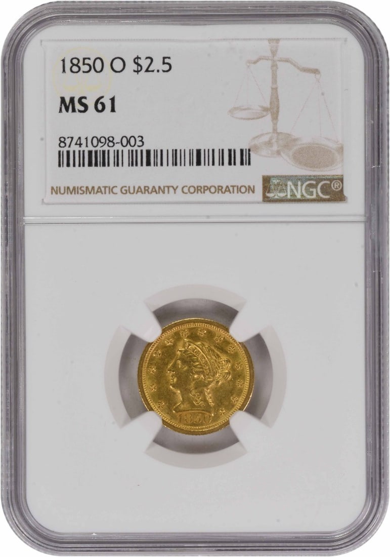 1850-O Liberty Head $2.50 Gold Coin MS61 NGC Certified: 1850-O Liberty Head $2.50 Gold Coin MS61 NGC Certified This 1850-O $2.50 Gold Liberty Head coin is certified MS61 by NGC. Minted in New Orleans, it features the classic Liberty Head design by Christia