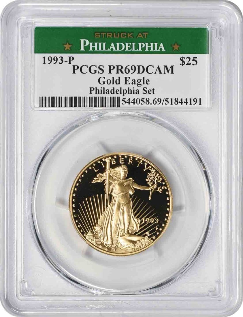1993 P American Eagle $25 Gold Coin PCGS PR69DCAM: 1993 P American Eagle $25 Gold Coin PCGS PR69DCAM This is a 1993-P $25 American Gold Eagle coin from the U.S. Mint, featuring a proof strike and graded PR69DCAM by PCGS. Composed of 0.999 fine gold, t