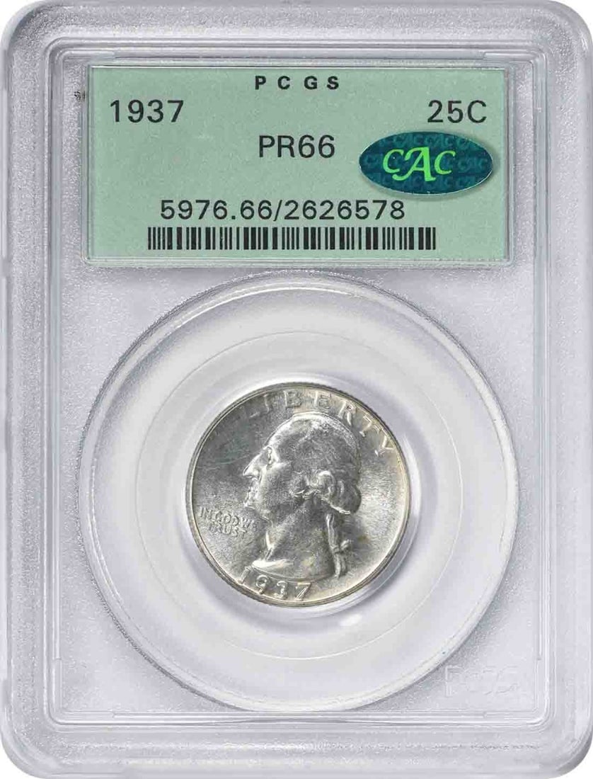 1937 Proof Washington Quarter 90 Percent Silver PCGS PR66 CAC Certified: 1937 Proof Washington Quarter 90 Percent Silver PCGS PR66 CAC Certified This is a 1937 Washington Quarter, graded PR66 by PCGS and housed in an Old Green Holder (OGH) with CAC approval. Struck at the 