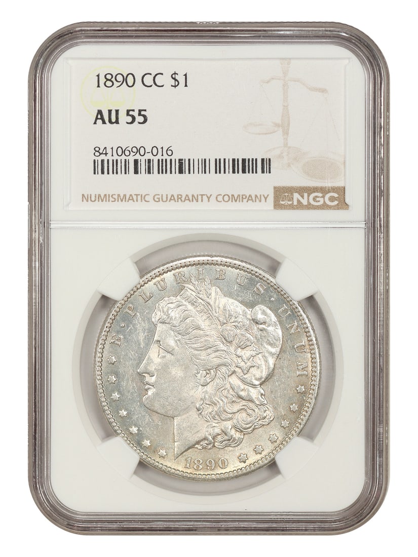 NGC AU55 1890-CC Carson City Morgan Dollar $1: NGC AU55 1890-CC Carson City Morgan Dollar $1 1890-CC Morgan Dollar with a $1 denomination, minted in Carson City and graded AU55 by NGC. This circulated example is described as a better Carson City M