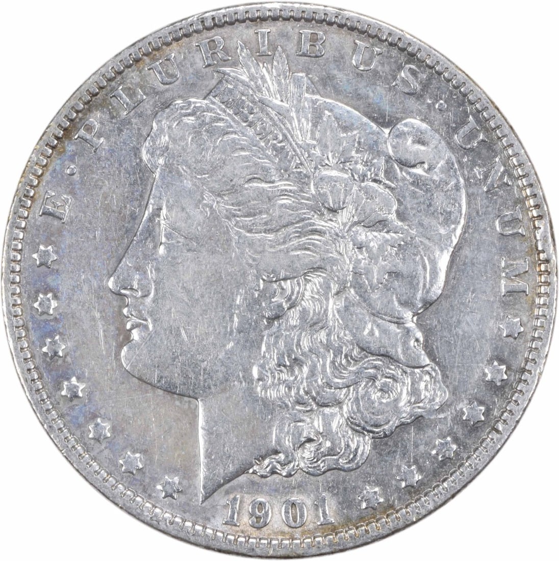 1901 Philadelphia Morgan Dollar Extra Fine Uncertified Silver Coin: 1901 Philadelphia Morgan Dollar Extra Fine Uncertified Silver Coin This 1901 Morgan Silver Dollar is an extra fine (EF/XF) grade coin from the Philadelphia Mint. Composed of 90% silver and 10% copper,