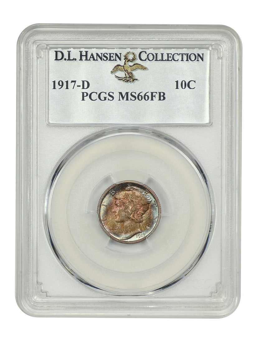 PCGS MS66FB 1917-D Mercury Dime ex D.L. Hansen: PCGS MS66FB 1917-D Mercury Dime ex D.L. Hansen 1917-D Mercury Dime certified by PCGS and graded MS66FB. This uncirculated Denver issue is a scarce Full Bands example and is especially difficult to loc