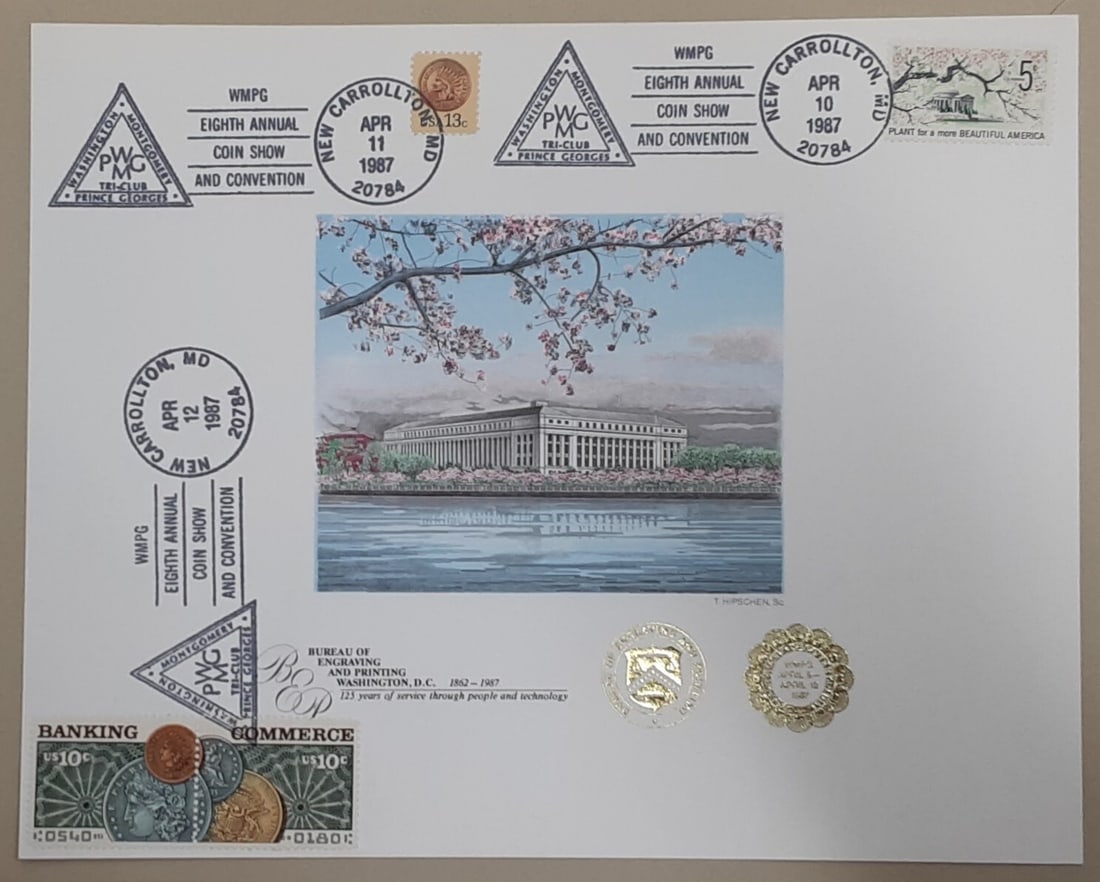 1987 Souvenir Card Commemorating BEP 125th Anniversary with Triple Show Cancellations: 1987 Souvenir Card Commemorating BEP 125th Anniversary with Triple Show Cancellations This uncirculated souvenir card commemorates the 125th anniversary of the Bureau of Engraving and Printing. Issued