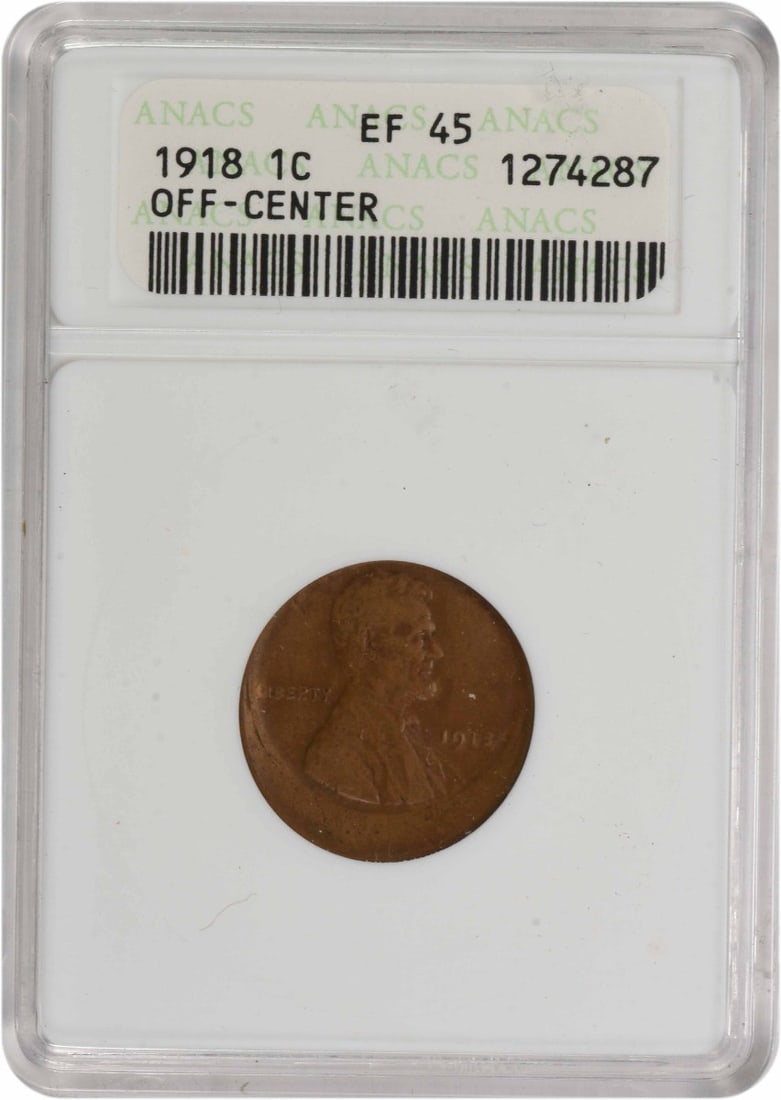 ANACS EF45 1918 Lincoln Wheat Cent Off Center Copper (1 of 2)