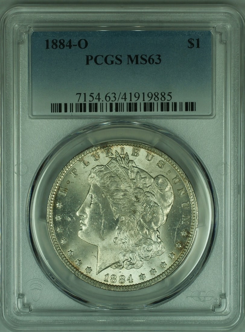 PCGS MS63 1884-O Morgan Silver Dollar New Orleans Mint Certified: PCGS MS63 1884-O Morgan Silver Dollar New Orleans Mint Certified This is an 1884-O Morgan Silver Dollar, certified by PCGS with a grade of MS-63. Minted in New Orleans, this uncirculated coin is compo