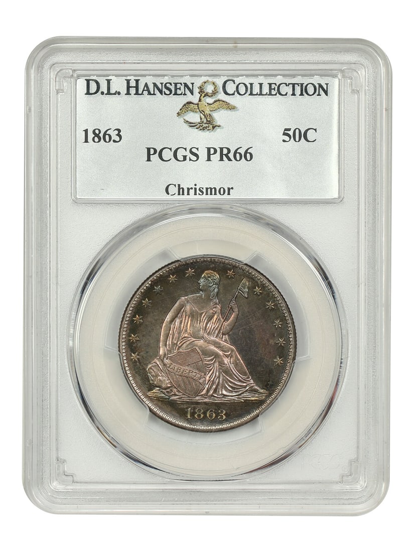 1863 Liberty Seated Half Dollar 50C PCGS PR66 ex D.L. Hansen: 1863 Liberty Seated Half Dollar 50C PCGS PR66 ex D.L. Hansen 1863 Liberty Seated Half Dollar 50C graded PCGS PR66. This uncirculated Civil War proof issue is noted for its low mintage of just 460 coin