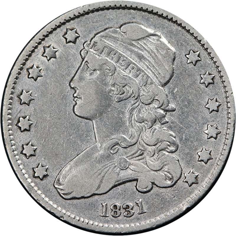 1831 Silver Bust Quarter Large Letters XF Details: 1831 Silver Bust Quarter Large Letters XF Details This 1831 Bust Quarter features large letters and displays nice eye appeal with a strong strike. The coin is circulated and has been lightly cleaned i