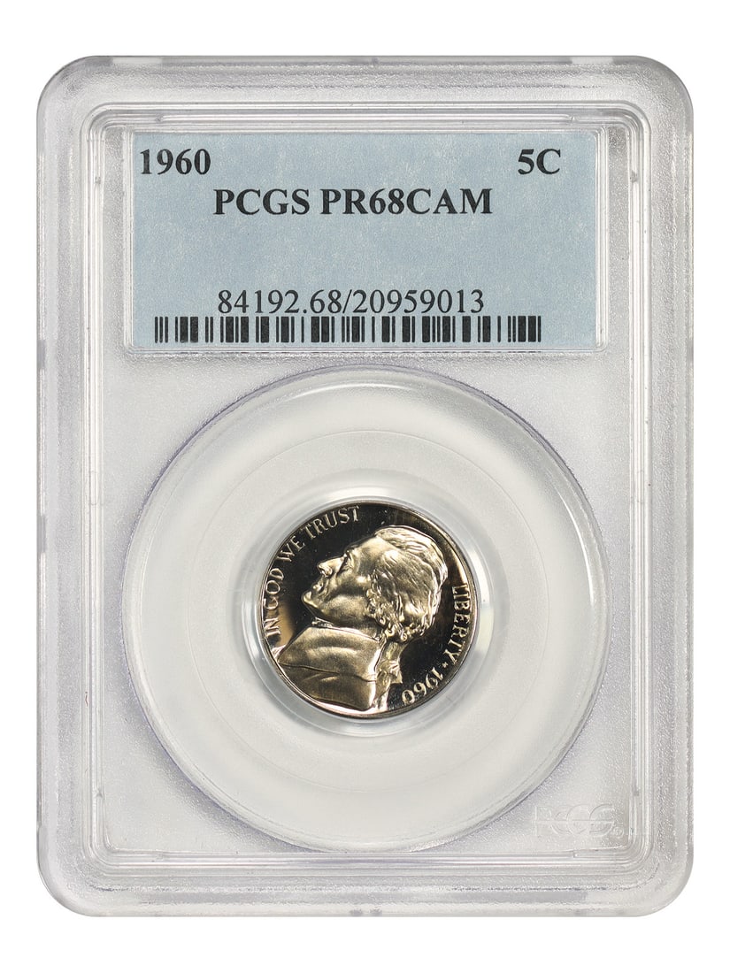 PCGS PR68CAM 1960 Jefferson Nickel 5C Philadelphia: PCGS PR68CAM 1960 Jefferson Nickel 5C Philadelphia 1960 Jefferson Nickel, denomination 5C, struck at the Philadelphia Mint. Certified by PCGS with certification number 20959013. The coin is uncirculat