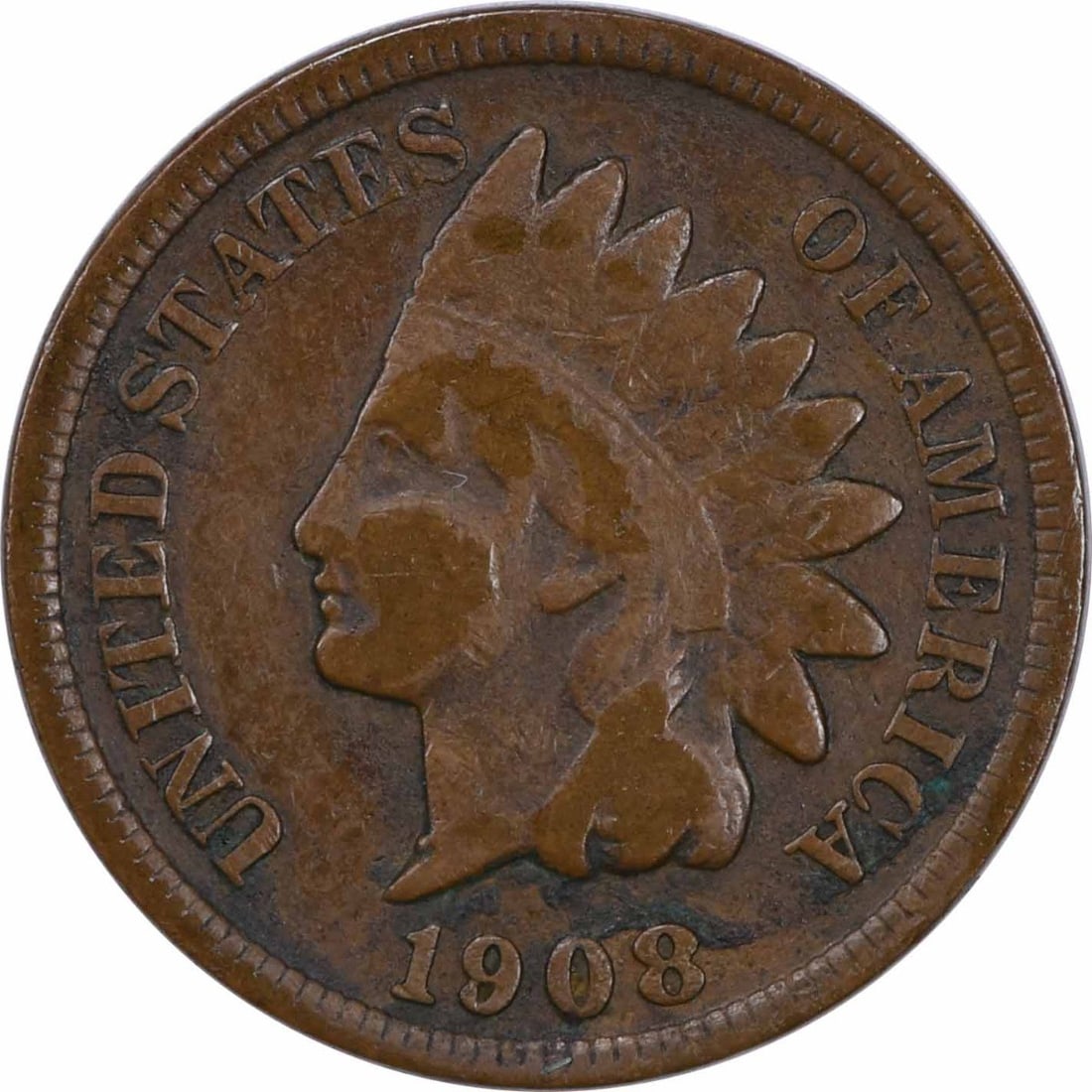 1908-S Indian Head Copper Small Cent VG: 1908-S Indian Head Copper Small Cent VG This is a 1908 Indian Head Cent from the United States, featuring the 'S' mint mark. The coin is composed of copper and has been circulated, with a grade of VG 