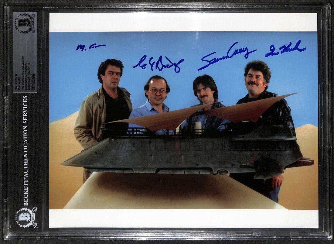 Signed Star Wars ILM Jabba's Sail Barge Photo by 4 Builders Beckett Graded 10: Signed Star Wars ILM Jabba's Sail Barge Photo by 4 Builders Beckett Graded 10 This stunning 8x10 photograph features the autographs of four talented builders from the ILM model shop who worked on Jabb