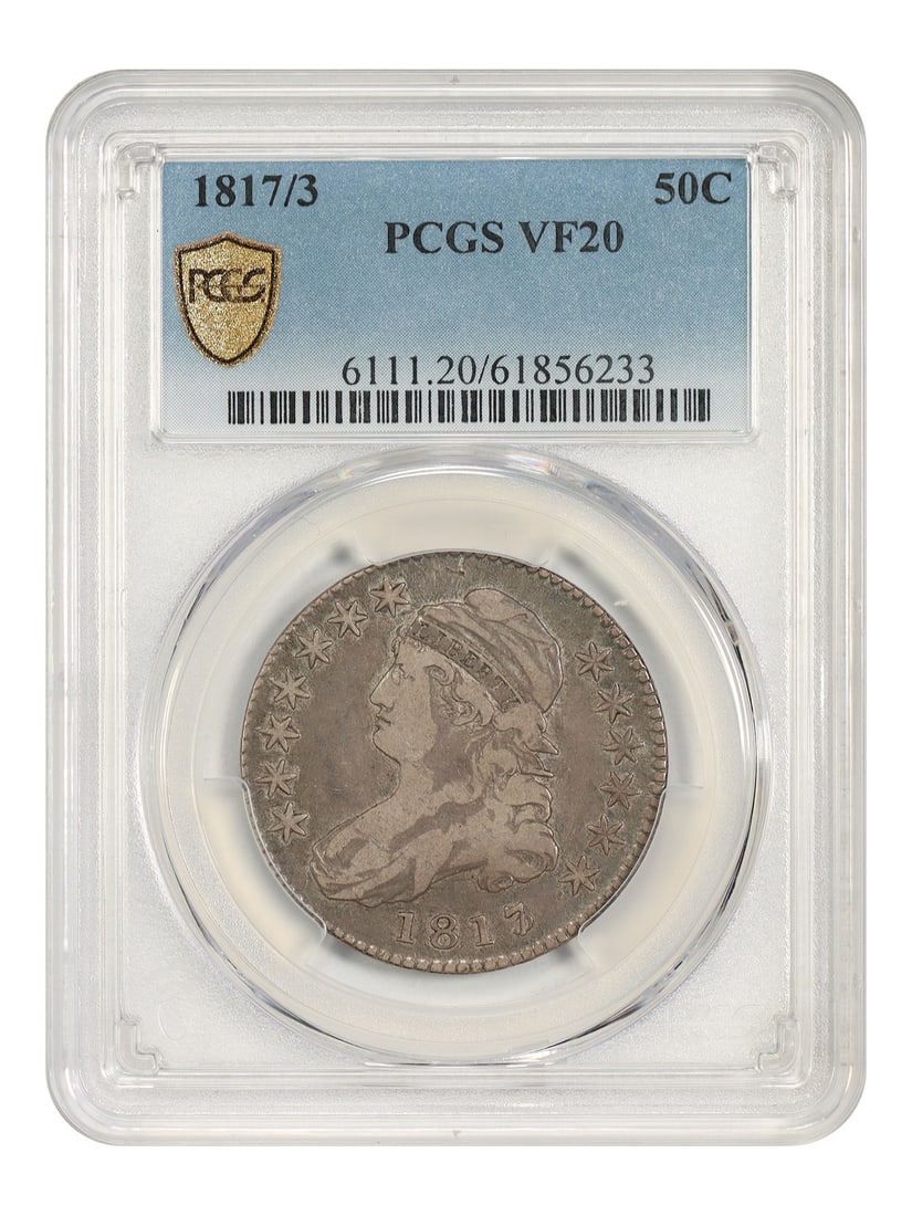 PCGS VF20 1817/3 Capped Bust Half Dollar 50C Overdate: PCGS VF20 1817/3 Capped Bust Half Dollar 50C Overdate This 1817/3 Capped Bust Half Dollar is a circulated Philadelphia issue certified by PCGS as VF20. It features a bold overdate on full display and 