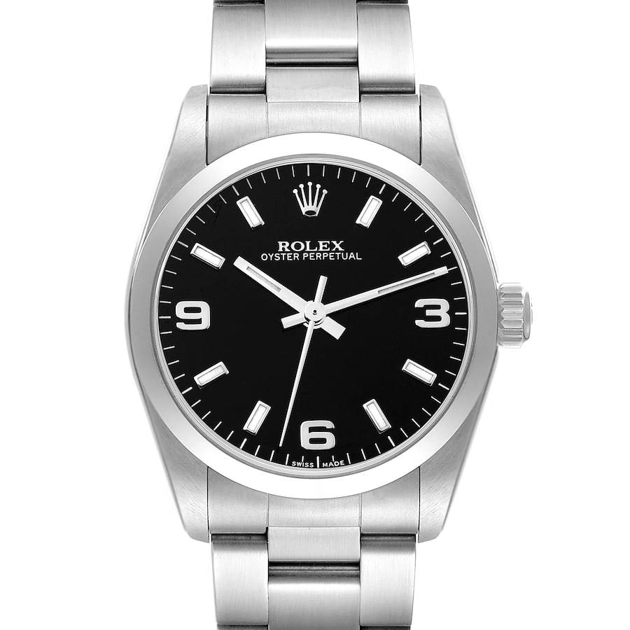 Ladies Rolex Oyster Perpetual Black Dial Watch Reference 77080: Ladies Rolex Oyster Perpetual Black Dial Watch Reference 77080 This is a ladies' Rolex Oyster Perpetual watch featuring a black dial and a smooth bezel. It is paired with an Oyster bracelet and identi