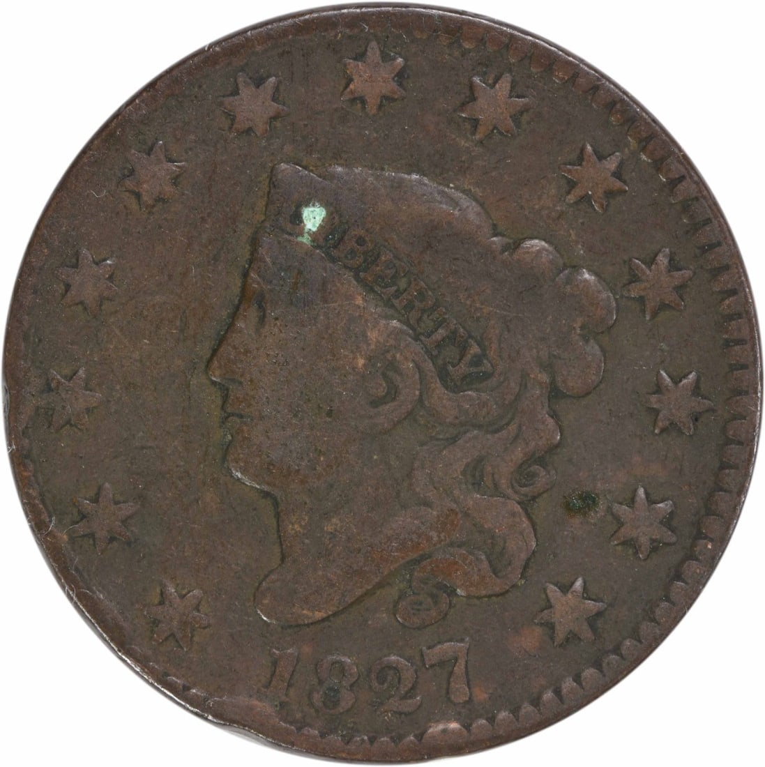 1827 Coronet Head Large Cent Copper Coin VG Uncertified: 1827 Coronet Head Large Cent Copper Coin VG Uncertified This 1827 Large Cent features the iconic Coronet Head design by Robert Scot. Struck in copper at the Philadelphia mint, this coin is graded as V