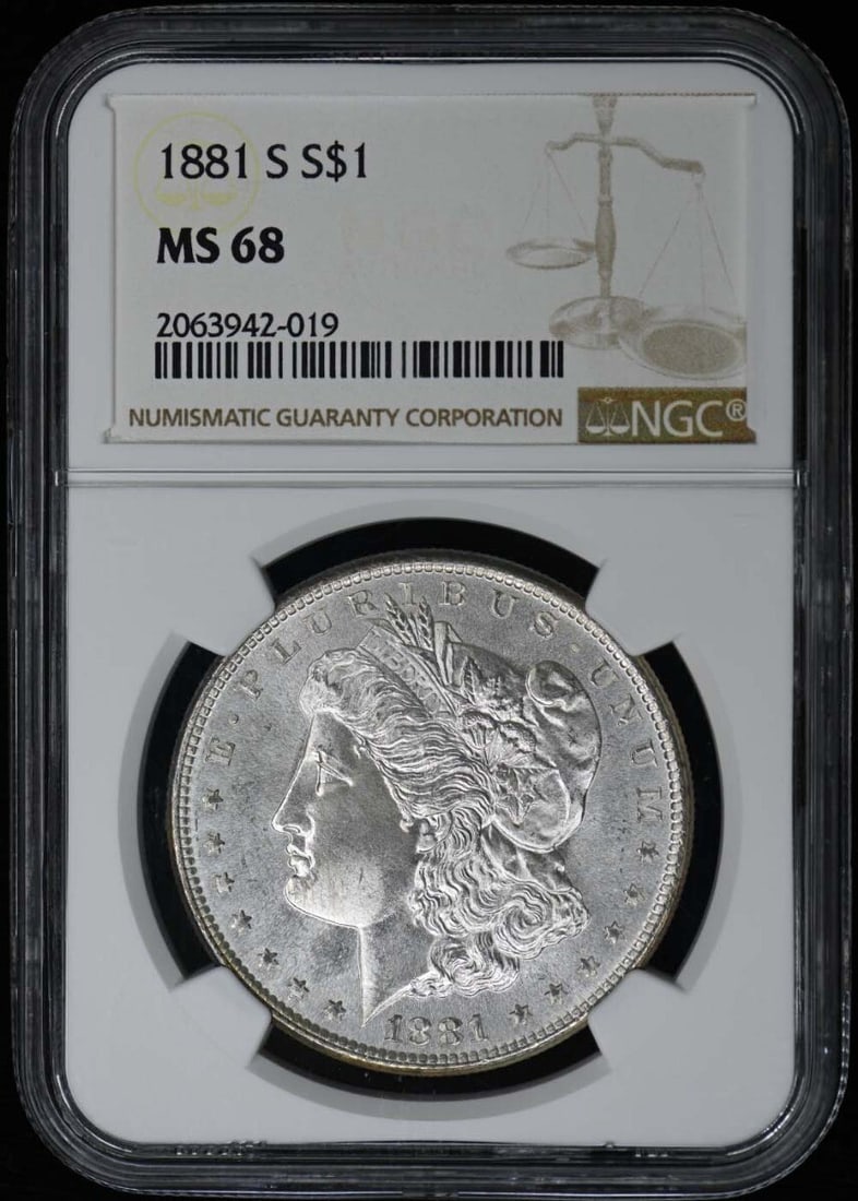 1881-S Morgan Dollar NGC MS68 Uncirculated San Francisco Coin: 1881-S Morgan Dollar NGC MS68 Uncirculated San Francisco Coin This 1881-S Morgan Dollar is a stunning example of numismatic excellence, graded MS68 by NGC. This uncirculated coin was minted in San Fra