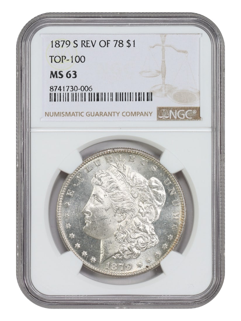 1879-S Morgan Dollar NGC MS63 Reverse of 1878 Top-100 VAM: 1879-S Morgan Dollar NGC MS63 Reverse of 1878 Top-100 VAM 1879-S Morgan Dollar, Reverse of 1878 variety, graded MS63 by NGC. This is a scarce and popular Top-100 VAM variety. The coin is pre-owned. Sp