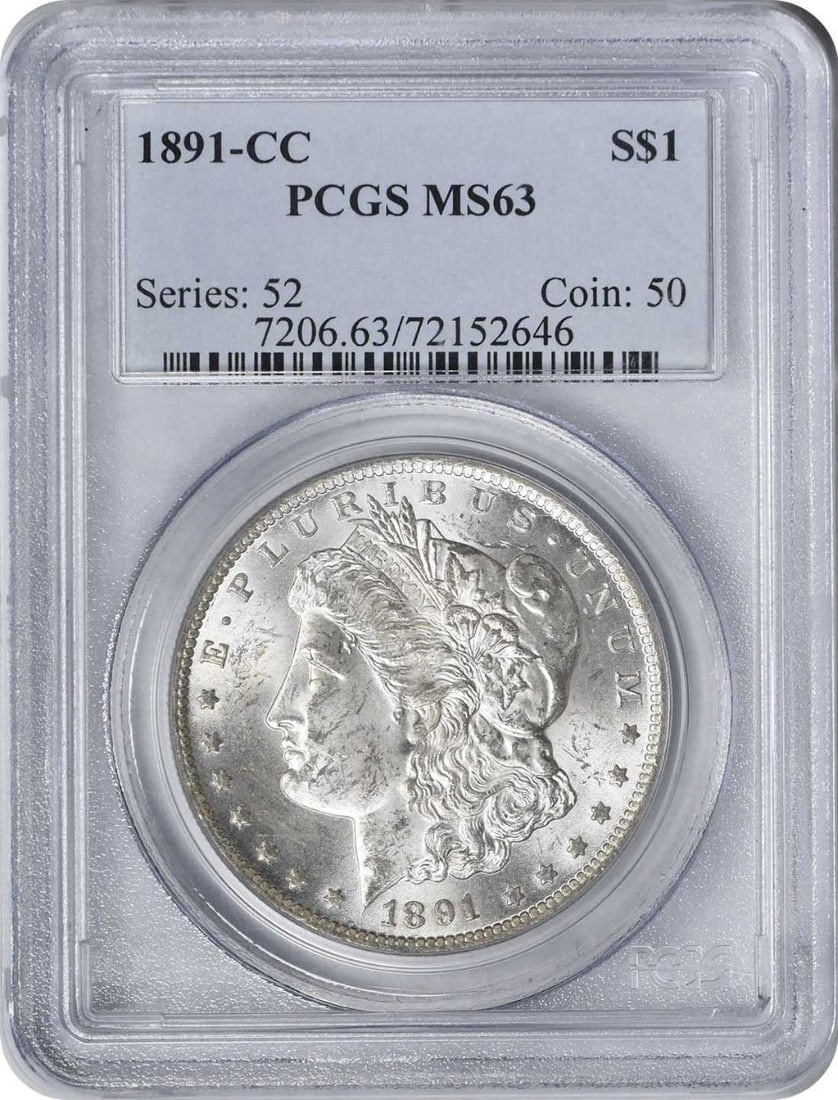 1891-CC Morgan Silver Dollar MS63 PCGS Uncirculated Coin: 1891-CC Morgan Silver Dollar MS63 PCGS Uncirculated Coin This 1891-CC Morgan Silver Dollar is a stunning piece for any collector. Graded MS63 by PCGS, this coin is in uncirculated condition, showcasin