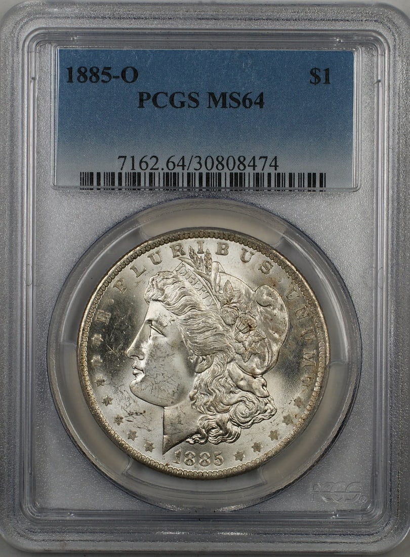 PCGS MS-64 New Orleans 1885-O Morgan Dollar With Toned Rim: PCGS MS-64 New Orleans 1885-O Morgan Dollar With Toned Rim This 1885-O Morgan Silver Dollar is certified by PCGS with a grade of MS-64. Struck at the New Orleans Mint, this uncirculated coin features 