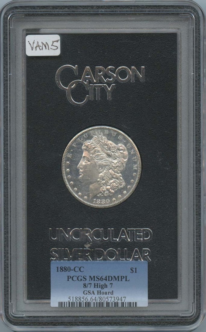 PCGS MS64 1880-CC Morgan Silver Dollar DMPL GSA Hoard 8 Over 7 High 7: PCGS MS64 1880-CC Morgan Silver Dollar DMPL GSA Hoard 8 Over 7 High 7 This 1880-CC Morgan Dollar is part of the GSA Hoard and has been graded MS64 Deep Mirror Proof-Like (DMPL) by PCGS. Featuring the 