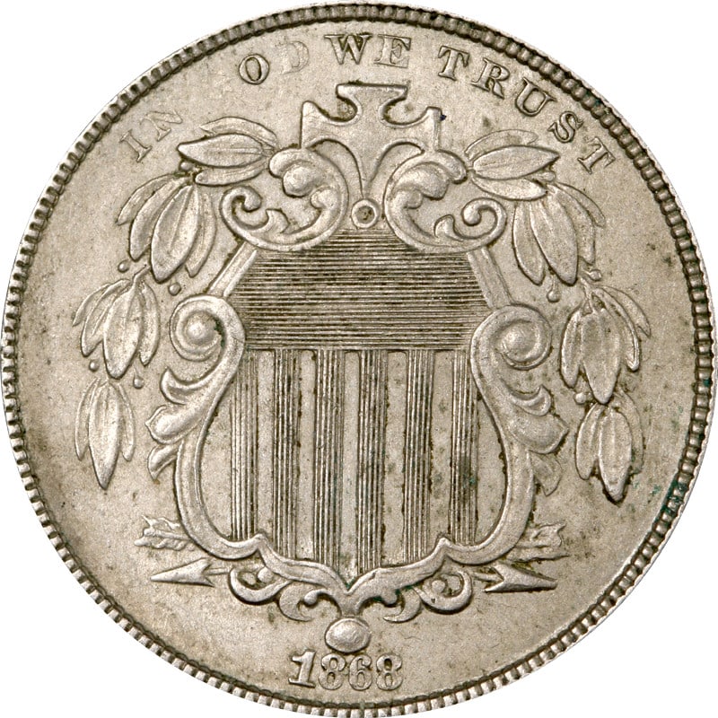 United States 1868 Nickel Shield Coin Circulated Example: United States 1868 Nickel Shield Coin Circulated Example This is an 1868 Shield Nickel coin from the United States. It is a circulated, pre-owned piece composed of nickel and is uncertified. Specifica