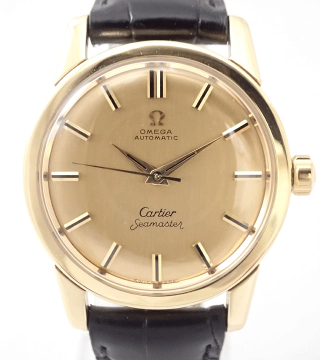 OMEGA Automatic Seamaster Men's Wristwatch Cartier Collaboration: OMEGA Automatic Seamaster Men's Wristwatch Cartier Collaboration This is a pre-owned OMEGA Seamaster wristwatch, created through a collaboration with Cartier. Designed for men, this automatic watch fe