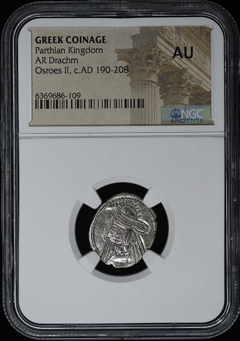 NGC AU Parthian Kingdom Greek Silver Drachm: NGC AU Parthian Kingdom Greek Silver Drachm This is a Parthian Kingdom Greek coinage AR Drachm that has been certified by NGC with a grade of AU (About Uncirculated). The coin originates from Greece a