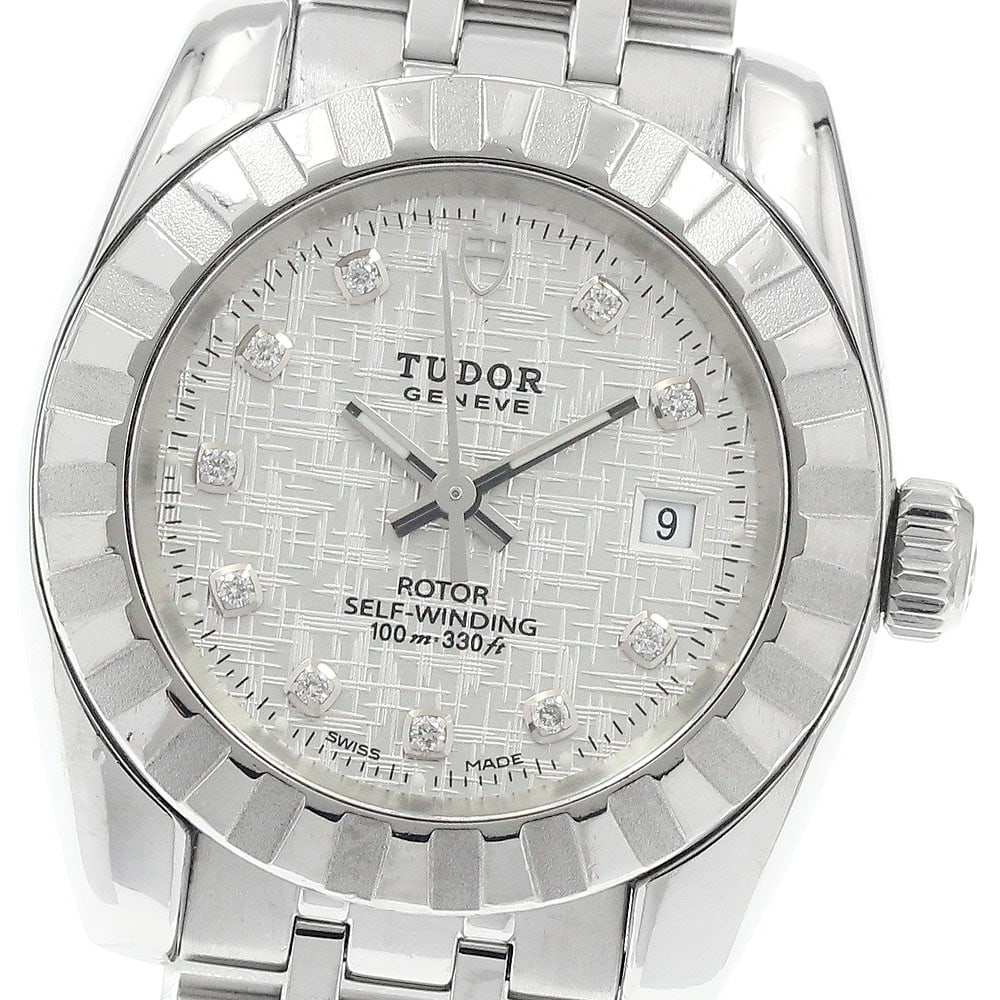 TUDOR 22010 automatic womens wristwatch with 10P diamond date: TUDOR 22010 automatic womens wristwatch with 10P diamond date TUDOR Classic Date automatic women's wristwatch with 10 diamonds. This pre-owned Swiss-made watch is designed for women and features a cla