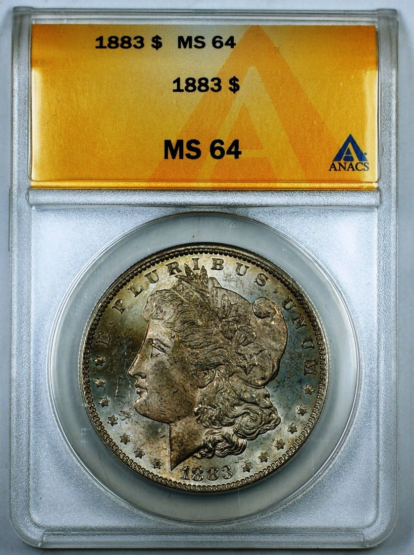 ANACS MS-64 1883 Morgan Silver Dollar Philadelphia Toned Uncirculated: ANACS MS-64 1883 Morgan Silver Dollar Philadelphia Toned Uncirculated This 1883 Morgan Silver Dollar coin has been graded MS-64 by ANACS and features attractive toning. Struck at the Philadelphia Mint
