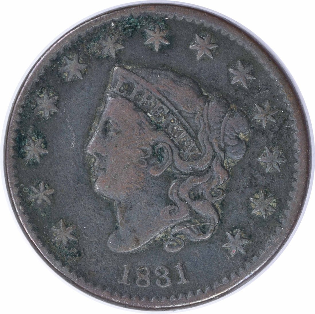 1831 Coronet Head Large Cent VF Uncertified Copper Coin: 1831 Coronet Head Large Cent VF Uncertified Copper Coin This 1831 Large Cent features the iconic Coronet Head design by Robert Scot, crafted from copper. It is in Very Fine (VF) condition and was mint