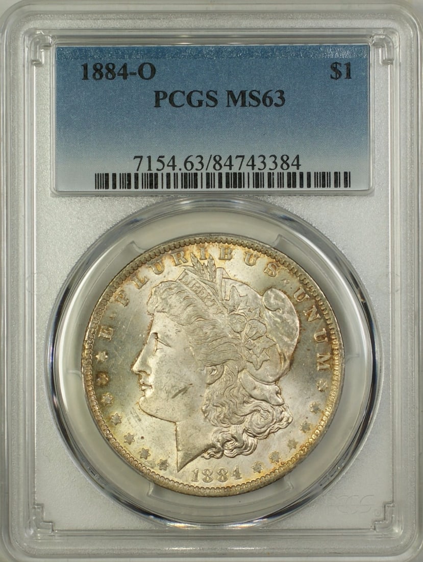 PCGS MS-63 1884-O Morgan Dollar Uncirculated Silver Coin Lightly Toned: PCGS MS-63 1884-O Morgan Dollar Uncirculated Silver Coin Lightly Toned This 1884-O Morgan Silver Dollar features a lightly toned surface and has been graded MS-63 by PCGS, indicating a choice brillian