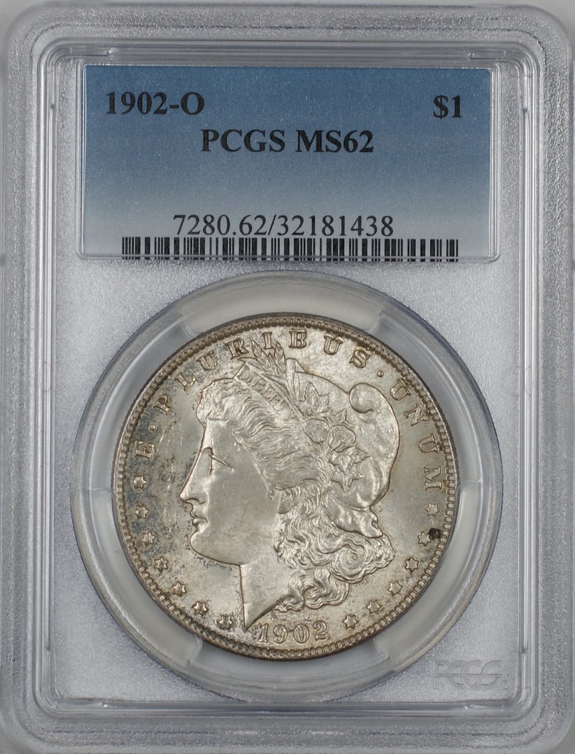 PCGS MS62 1902-O Toned Morgan Silver Dollar Uncirculated New Orleans Mint: PCGS MS62 1902-O Toned Morgan Silver Dollar Uncirculated New Orleans Mint This 1902-O Morgan Silver Dollar is certified by PCGS with a grade of MS 62. Struck at the New Orleans Mint, this uncirculated