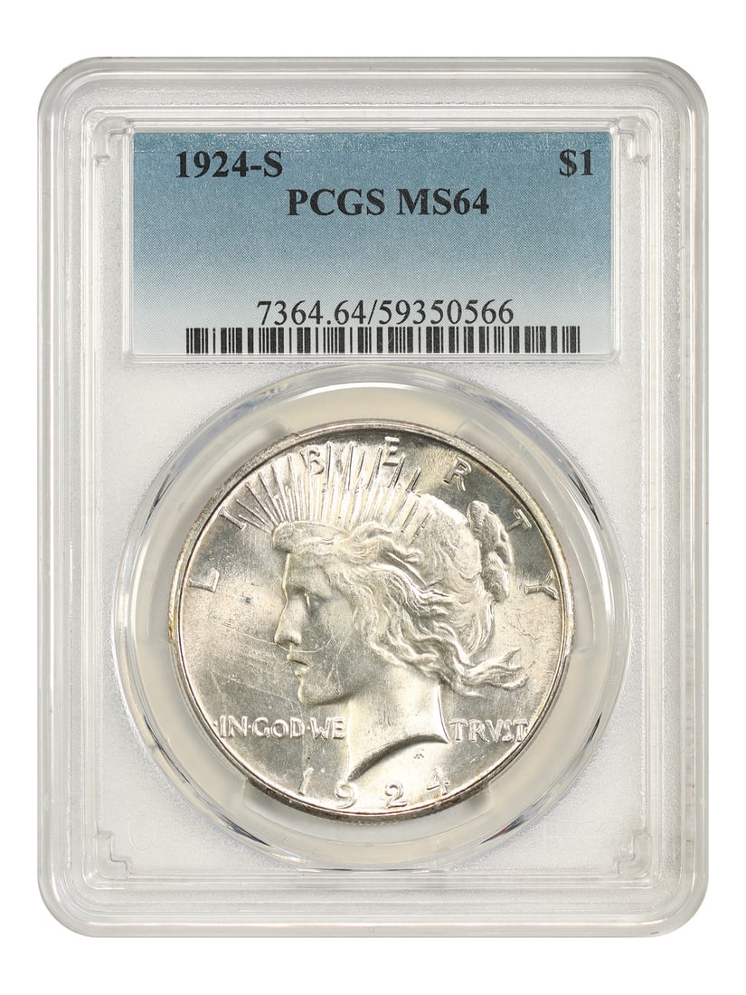 PCGS MS64 1924-S Peace Dollar $1 San Francisco Mint: PCGS MS64 1924-S Peace Dollar $1 San Francisco Mint 1924-S Peace Dollar $1 certified by PCGS in MS64 grade. This uncirculated coin was minted in San Francisco and is identified as a better date. Condi