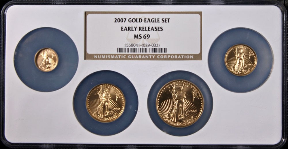 NGC MS69 2007 American Eagle gold 4 coin mint set: NGC MS69 2007 American Eagle gold 4 coin mint set This 2007 Gold American Eagle set includes four uncirculated coins, each certified by NGC with a Mint State 69 (MS69) grade. The set features coins co