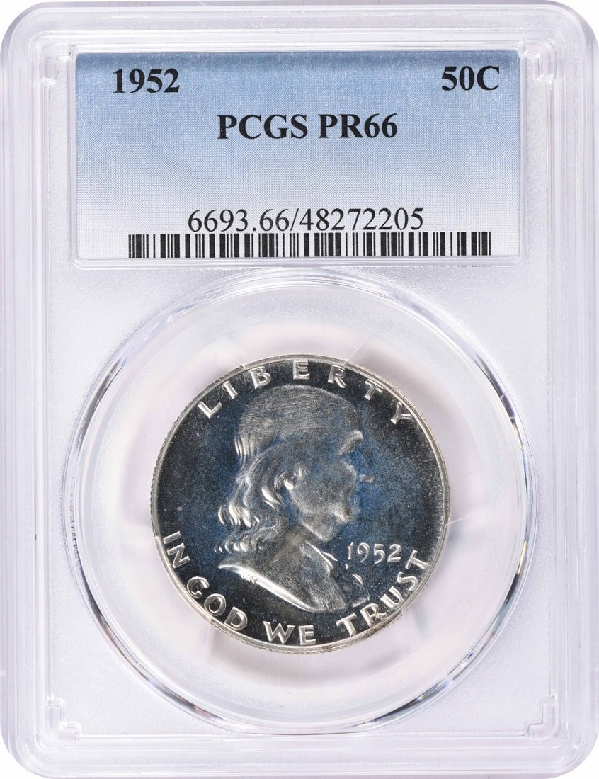 1952 Franklin Half Dollar PR66 PCGS Uncirculated 90% Silver: 1952 Franklin Half Dollar PR66 PCGS Uncirculated 90% Silver This 1952 Franklin Silver Half Dollar is a stunning example of numismatic craftsmanship, graded PR66 by PCGS, indicating its high quality as