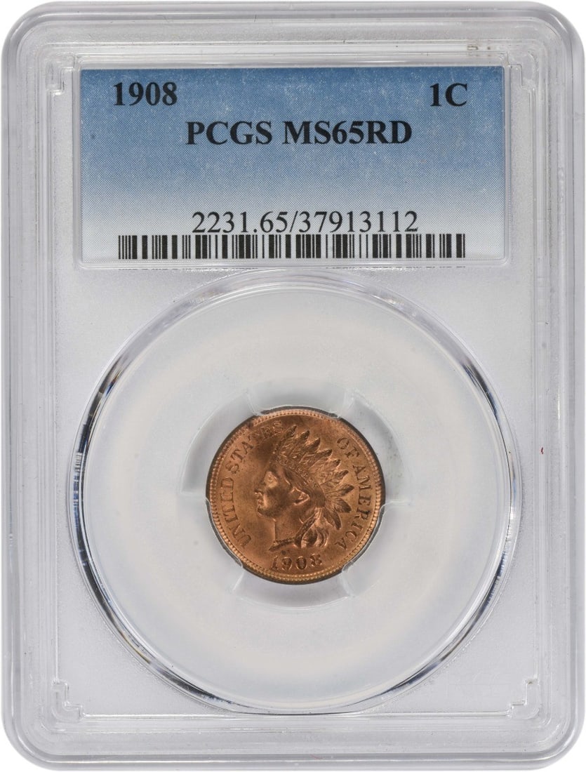 PCGS MS65RD Indian Head Small Cent 1908 Philadelphia Copper Coin: PCGS MS65RD Indian Head Small Cent 1908 Philadelphia Copper Coin This 1908 Indian Head Cent is graded MS65RD by PCGS, indicating a high-quality uncirculated coin. Struck in Philadelphia, it features a
