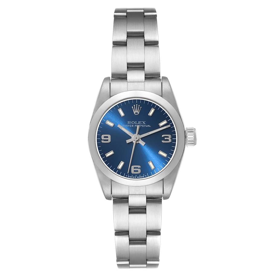 Blue Dial Rolex Oyster Perpetual Ref 67180 with Papers 1997: Blue Dial Rolex Oyster Perpetual Ref 67180 with Papers 1997 This is a Rolex Oyster Perpetual wristwatch featuring a blue dial and smooth bezel. The watch is equipped with an Oyster bracelet and comes 