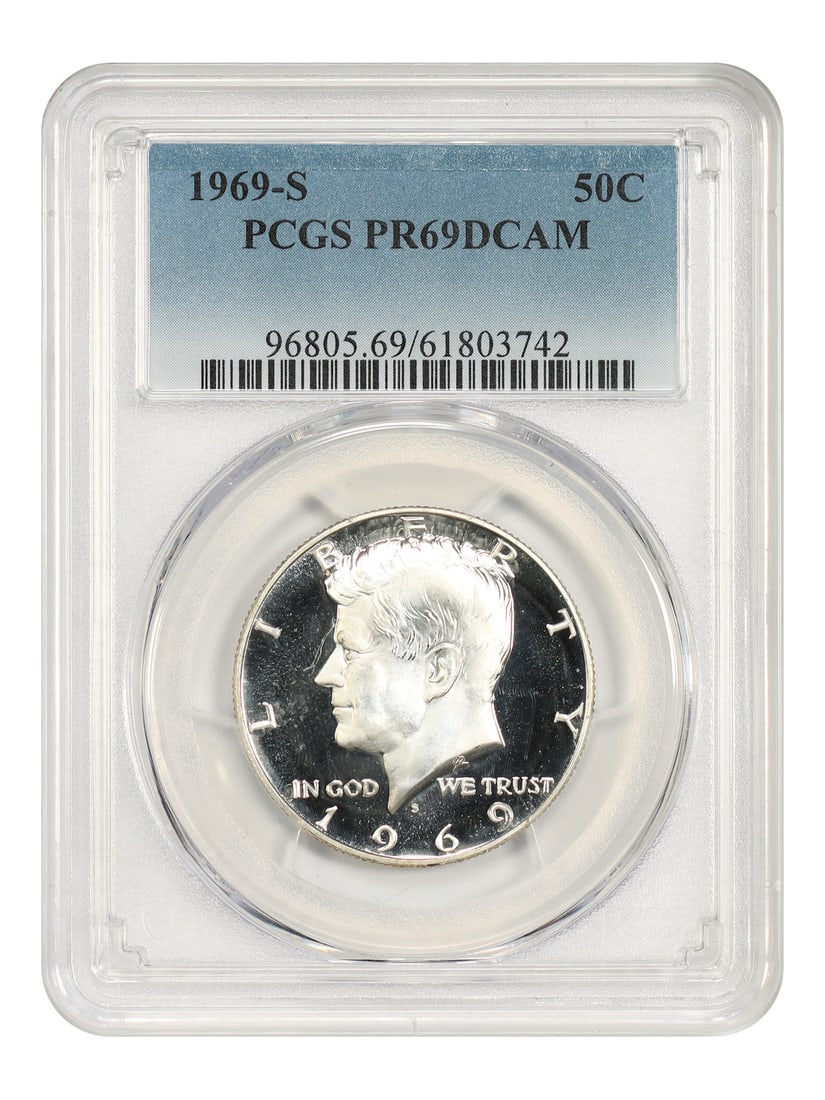 Kennedy Half Dollar 1969-S 50C PCGS PR69DCAM: Kennedy Half Dollar 1969-S 50C PCGS PR69DCAM 1969-S Kennedy Half Dollar 50C, graded PCGS PR69DCAM. This uncirculated coin was minted in San Francisco and is certified by PCGS with certification number