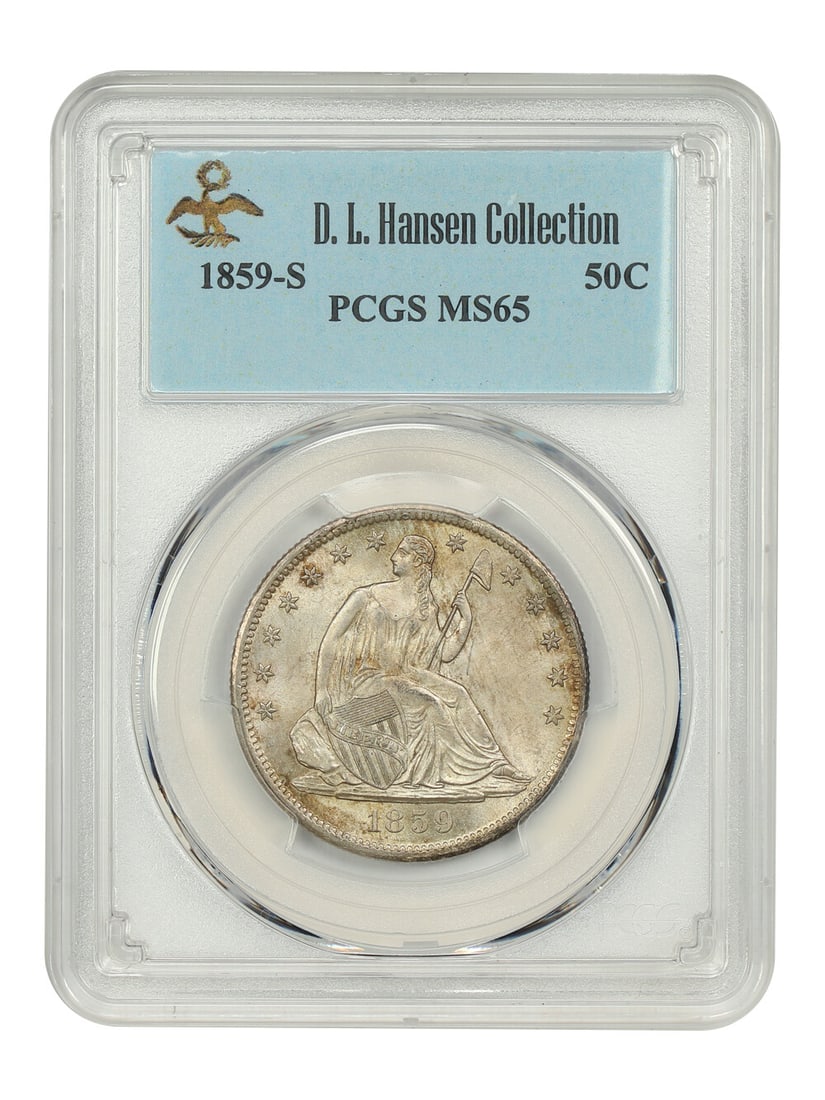 PCGS MS65 1859-S Liberty Seated Half Dollar 50C: PCGS MS65 1859-S Liberty Seated Half Dollar 50C This 1859-S Liberty Seated Half Dollar is graded MS65 by PCGS and comes from the D.L. Hansen collection. Hailing from a mintage of only 566,000, it is a