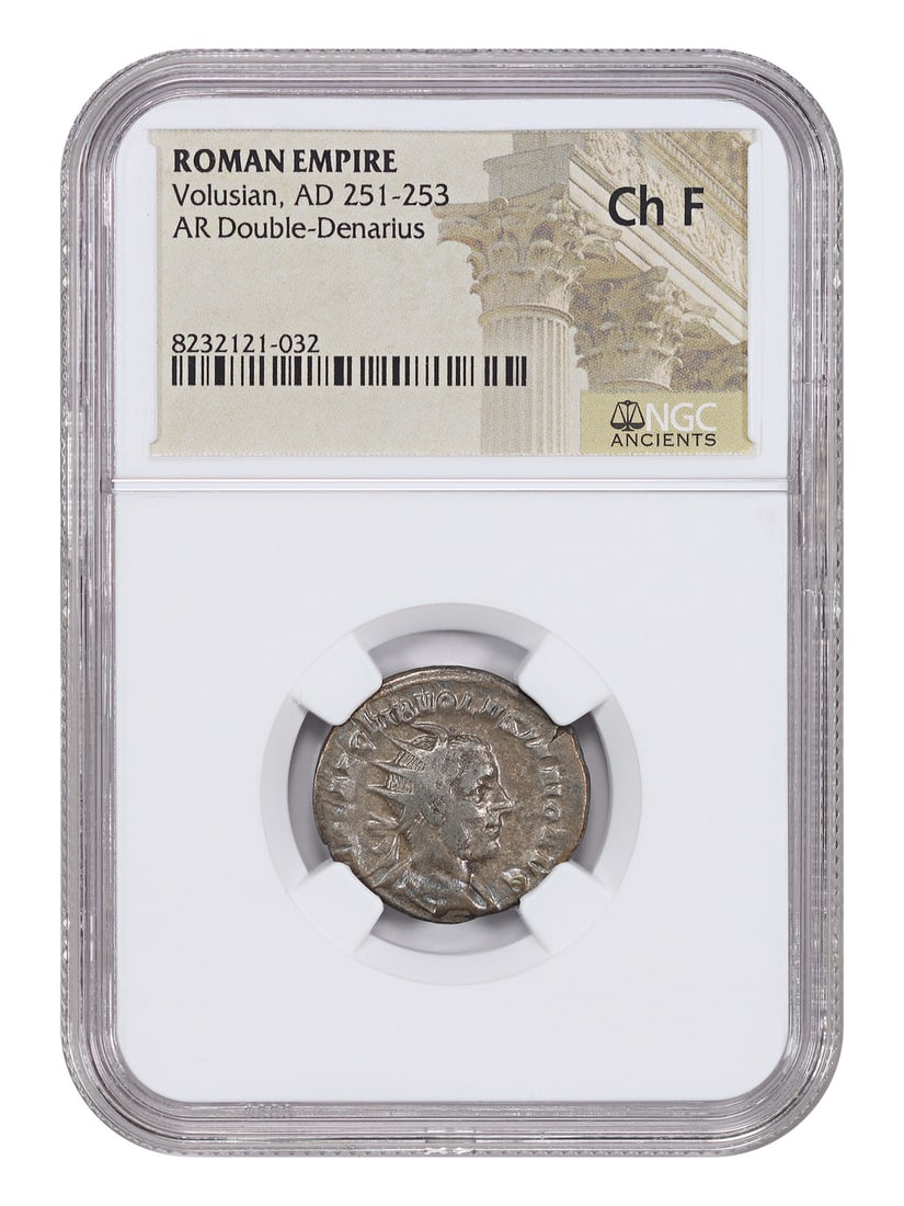 NGC Choice Fine Ancient Roman Volusian AR Double-Denarius: NGC Choice Fine Ancient Roman Volusian AR Double-Denarius Ancient Roman AR double-denarius of Volusian (AD 251-253), certified by NGC and graded Ch Fine. This pre-owned coin offers a tangible connecti